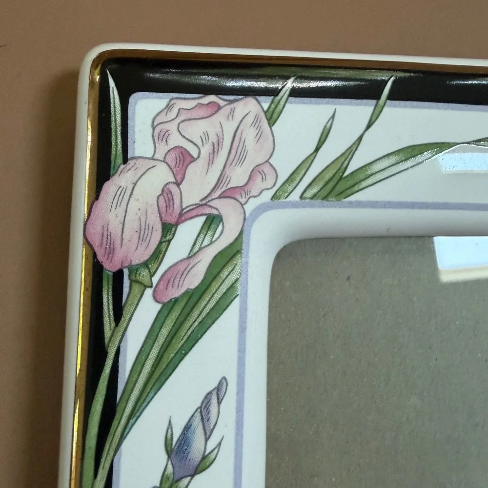 Terragrafics Marlene Moore 1990 Ceramic Iris Floral Photo Frame 3.5x5 Art Deco